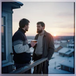 lomographic tarkovsky film still of 4 0 years russian man with beard and sweater standing on small hrushevka 9 th floor balcony with cup of tea in winter taiga looking at sunset, cinestill, bokeh