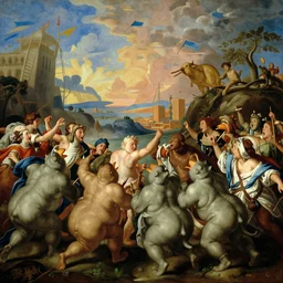 the snorks in a massive battle against the care bears across a metropolitan landscape, high level of detail in the style of giovanni battista tiepolo