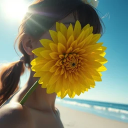 closeup girl with huge yellow dahlia flower under face, on beach, surreal photography, blue sky, sunrise, dramatic light, impressionist painting, digital painting, artstation, simon stalenhag