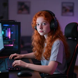 cute young redhead girl sitting at her desk in bedroom, gaming pc, rgb led, soft round face, dslr, wlop, ultra realistic, perfect lighting, high contrast, bokeh, sharp details, hasselblad, detailed, trending on artstation