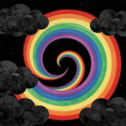japanese woodblock swirling rainbow in black sky with puffy black clouds. trending on artstation.