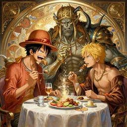 luffy and cthulhu eating lunch, sci - fi, stunning, intricate, elegant. highly detailed, digital painting. artstation. smooth. sharp focus. illustration. art by artgerm and greg rutkowski and alphonse mucha