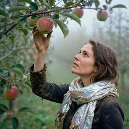 a closeup portrait of a woman wearing a muddy iridescent holographic scarf, picking apples from a tree in an orchard, foggy, moody, photograph, by vincent desiderio, canon eos c 3 0 0, ƒ 1. 8, 3 5 mm, 8 k, medium - format print