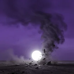 a dark matter wind and dust pieces of purple sky with a white sun falls to the ground and breaks into fragments, futurism, schizophrenia, hyperrealistic fall