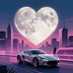 an immaculate cinematic keyframe matte painting of a sleek 1 9 7 0 s vaporwave city at dusk with an oversized heart shaped moon. by eric lafforgue, glennray tutor and edward hopper, greg rutkowski. trending on artstation.