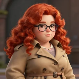 highly detailed, digital art, pixiv fanbox, trending on artstation, ray tracing, volumetric lighting, sharp focus, hq, fallout 4 sytle character, cute sexy chubby redhead girl with soft curl long hair and glasses, wearing a trench coat, chubby, by artgerm, wlop, greg rutkowski, miyazaki hayao