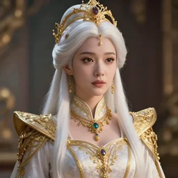 medium shot of royal princess with white hair, complex clothing, gold accents, fantasy, headpiece, digital illustration, movie still, 4 k, golden jewellery