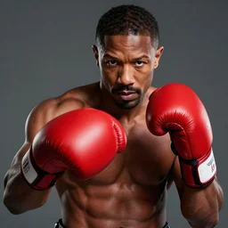 Portrait of Micheal B Jordan with red boxing gloves, He is shirtless punching captain america, realistic, detailed, 4k by Greg Rutkowski Mark Arian trending on artstation