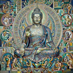 A cinematic full-length portrait of the colossal Demon Buddha, by Wayne Barlowe, by Sandro Botticelli, by Raphael, by Paul Lehr, by Bruce Pennington, by HR Giger, oil on canvas, masterpiece, trending on artstation, featured on pixiv, cinematic composition, dramatic pose, beautiful lighting, sharp, details, details, hyper-detailed, no frames, cyan and green, 8K