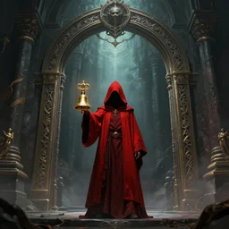 red hooded mage, holding a golden bell, standing in front of an enormous arcane gate to another realm, mindblowing, concept art, matte, illustration, ominous, magical, dnd, 4 k uhd, very detailed