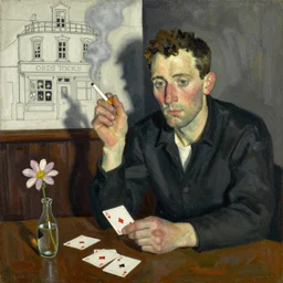 oil painting in the style of john craxton sailors holding cigarettes in the shadows of a pub. line drawing. scratch. strong lighting. playing cards. brush. single flower. smokey bar. seated figure hands on table. eye. strong expressions on faces. cheekbones. in the style of ivon hitchins