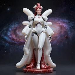 a statue made of red marble, of an beautiful chinese girl, full body shot, perfect body, white biomechanical, inflateble shapes, wearing epic bionic cyborg implants, masterpiece, intricate, biopunk futuristic wardrobe, vogue, highly detailed, artstation, concept art, background galaxy, cyberpunk, octane render