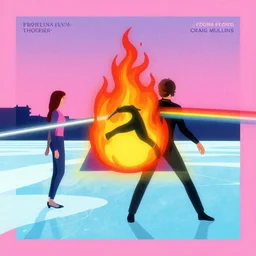 a man on fire and a girl on ice, pink floyd album cover, 1 9 7 0's, by storm elvin thorgerson, moebius, craig mullins, colorful flat surreal design, hd, 8 k, artstation