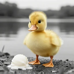 hyperrealistic yellow cute duckling with adorable teary eyes and gold feathers, dropped ice cream next to a lake, photo, b / w nature