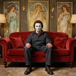 michael myers sitting in a red sofa in an art deco living room, award - winning realistic sci - fi concept art by beksinski, bruegel, greg rutkowski, alphonse mucha, and yoshitaka amano