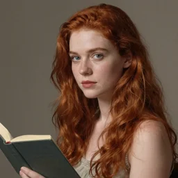 hyper realistic, full perfect face, realistic, highly detailed background, can see a waist - length body, sitting and holding a book in his hand, photography beautiful girl, face tamzin merchant, red hair, style of alla prima