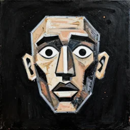 gritty splattered punk painting of a geometric face with surprised expression on a black background, painted by basquiat. dark background. trending on artstation.