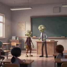 dystopian desolate school scene with a zombie teacher, pixar disney style, pixar studios, carel willink, edward hopper, animated, cgstation, octane render, film still, best animation, visual effects