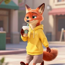 a digital artwork of a furry female anthro fox in the style of Zootopia, wearing a yellow hoodie and enjoying a starbucks coffee while walking down the street,