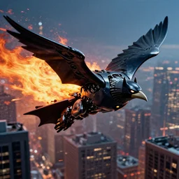 the batwing, jetfire ( g 1 ) in the shape of a mechanical raven, flying above a the city, in a still of blade runner ( 1 9 8 2 ) by syd mead, ralph mcquarrie