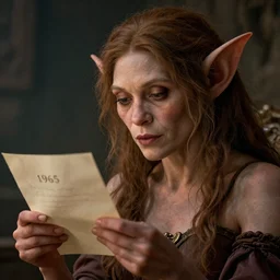 A female goblin peacefully reading her last letter 1965, artstation, concept art, donato giancola, Joseph Christian Leyendecker, WLOP, Boris Vallejo, Breathtaking, 8k resolution, extremely detailed, beautiful, establishing shot, artistic, hyperrealistic, octane render, cinematic lighting, dramatic lighting, masterpiece, light brazen, extremely detailed and beautiful face