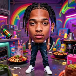 playboi carti, photorealistic, hyper realistic, very detailed, detailed face, full body shot, 8 k, hd, neon colors, over saturated colors, wok, cluttered background with hype things, rainbows,