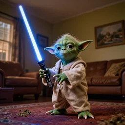 yoda using his lightsaber as a bong, weed, getting high, wide angle, 8 0 s living room, 3 5 mm, f / 2. 8