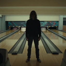 7 0 s film still from a horror movie with one person standing omniously in an abandoned bowling alley, kodachrome, cinecolor, cinestill, photorealism, cinematic, film grain, film texture, vhs recording