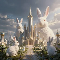 a fantasy city with giant bunnies