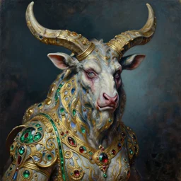 highly detailed sharp focus extremely hyperrealistic horrifying creepy 3 / 4 portrait oilpainting of minotaur lady mythical portrait by michael hussar in style of michael hussar and rene lalique artnouveau ceramic effect gild and ruby and emerald jeweled gild strips in style of ali franco's paintings memento mori 8 k