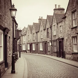 the shire in victorian style witb gas lanterns and cobble streets, photography, vintage photo, faded colors