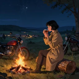 Last artwork by Jakub Rozalski, Top rated on artstation. Panoramic photograph on a girl with short black hair and green eyes in a tan trenchcoat sitting on a log and drinking tea by the campfire by her motorcycle at night under the stars, ray tracing, large landscape with village, in the style of Jakub Rozalski