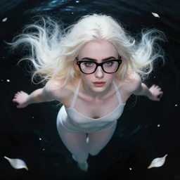 abeautiful + blonde + dragon queen + white hair + cool black glasses + tights suit + lily collins, floating under the deep dream water, beautiful smooth soft light + white petal, black background, oil paint, cinematic lighting, octane render, unreal engine 5, closeup, 4 k, highly detailed, instagram,