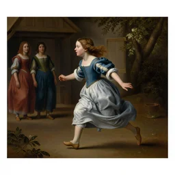 a renaissance painting of a young girl running away from her cottage, her eyes and nose and mouth are far a part. her blurry parents watch at a distance