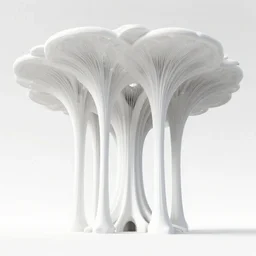 white columns that grow from the ground in an organic freeform manner, start out large at the base and split into a root like structure towards the top holding up a plane white canopy. architectural rendering