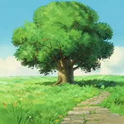 cute ash tree, stone walkpath landfield, matte painting by ghibli pixar studio miyazaki ghibli