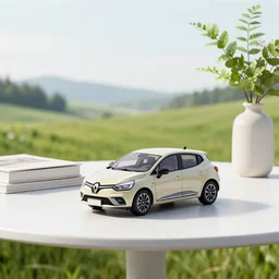 a small miniature of a Renault Clio on a white table near a book and a vase with a plant, 3d render, octane render, unreal engine 5, path tracing, serene landscape, calm, relaxing, beautiful landscape, highly detailed, high quality, 4k, symmetrical, low contrast