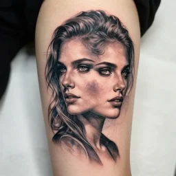 double exposure tattoo design sketch of beautiful margot's robbie's face blended in beautiful mountains, in the style of matteo pasqualin, amazing detail