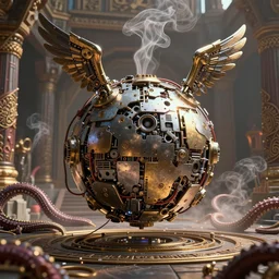 an immaculate render of a metallic sphere made of old modular robot parts spawning cables and bird wings floating in a temple surrounded by wild tentacles made from mandalas and incense smoke, powerful, cinematic, beautifully lit, by craig mullins, by galan pang, 3 d, trending on artstation, octane render, 8 k