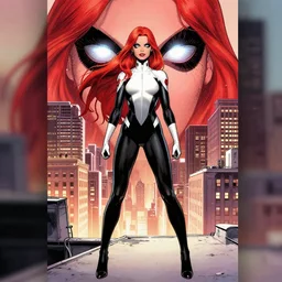phil noto comicbook cover art, artgerm, female domino marvel, symmetrical eyes, long red hair, full body, city rooftop