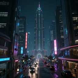 A magnificent dark neon futuristic cyberpunk city bustling street at night made in cinema4d,  hyper realistic