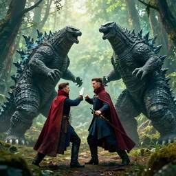 a magician like dr. strange fights big monsters godzilla in the forest, cg