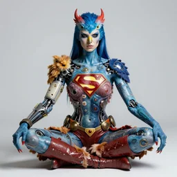 a portrait photograph of a meditating fierce sadie sink as a colorful harpy bird super hero with blue mutated skin. she has animal skin grafts and cyborg body modifications and implants. by donato giancola, hans holbein, walton ford, gaston bussiere, peter mohrbacher and brian froud. 8 k, cgsociety, fashion editorial