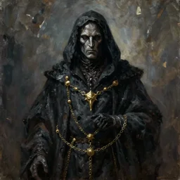 a Wraith from LOTR, wearing dark shadowy robes and golden chains, oil painting, high detail