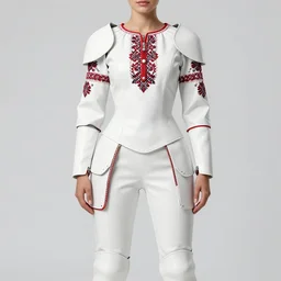 female adventurer in tight full - body white leather armor of ukrainian vyshyvanka design with red accents and a red porcelain crow mask, trending in artstation, ukrainian, artstation, big moon in the background, establishing shot