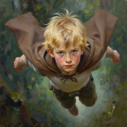 blonde boy wearing a brown cape and flying, detailed face, highly detailed, powerful, forest background, oil painting, brush strokes, greg rutkowski