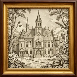 a illustration fantasy wood frame engraving with extreme intrincate details, gold border highly detail ornaments art by fantasy style