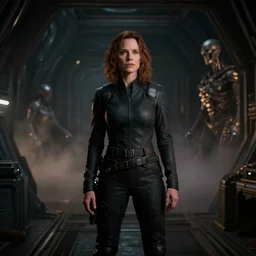 photorealistic wide shot focus portrait of Sigourney Weaver, in spaceship, darkness, dark room, bokeh, inspired by Ridley Scott, Giger, , octane render, unreal engine 4k, volumetric lighting, mist, twilight, detailed