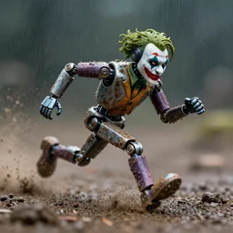 action photography, long shot, dark and rainy, award winning macro photo of an ultra detailed intricate tiny muddy robotic the joker running very fast on mud, dirt and dust, fast shutter speed, motion blur, tiny gaussian blur, highly detailed, highly intricate, depth of field, national geographic
