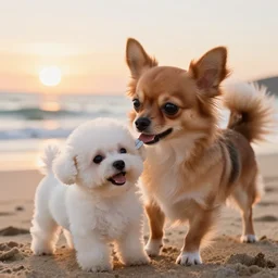 a photorealistic closeup image of a cute brown - colored long haired chihuahua cocker spaniel dog plays with a smiling white bichon frise puppy on the beach. sunset, surf, brightly lit scene. fine detail. nice composition. 4 k hd unreal engine